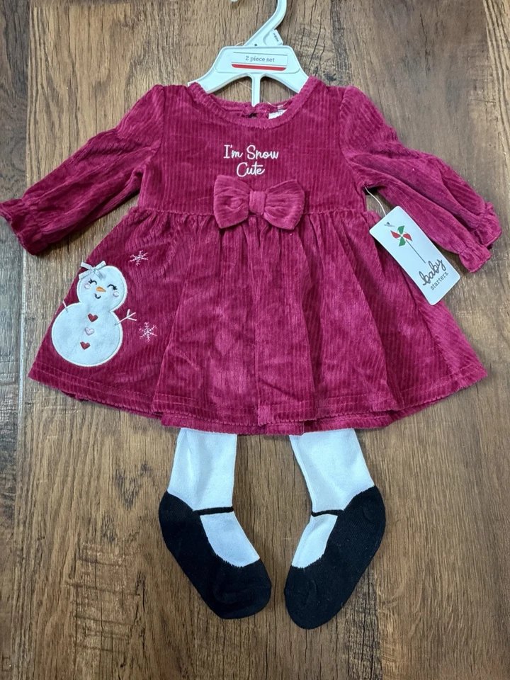 Conjunto de Vestido de Pana Fucsia para Bebés Iniciadores Bebé Niña Diseño de Muñeco de Nieve y Medias Talla 3M Foto 2 de 4