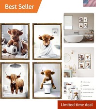 Rustic Highland Cow Bathroom Wall Art - 4 Unframed Canvas Prints, 8x10 Inches
