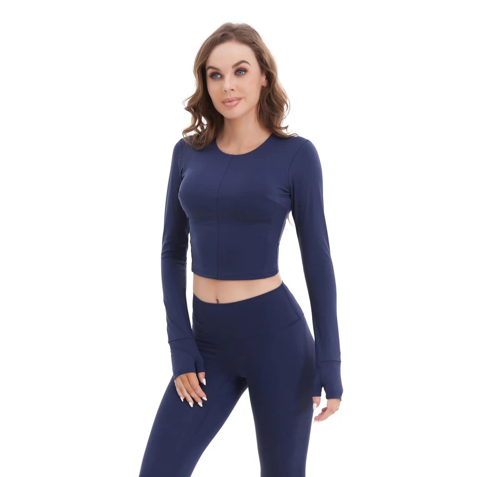 T-shirt de sport fitness pour femme manches longues respirant bleu marine M - Photo 3/4
