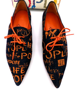 OXFORD HEELS POPLIFE BY TWO LIPS WOMEN DENIM ORANGE POINTED SZ 7 RARE Y2K RETRO
