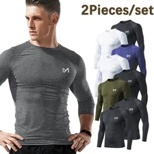 2 Pack Men's Athletic Long Sleeve Compression Shirts Gym Workout Top Quick Dry