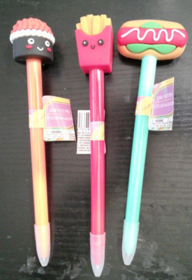 3 NEW foodie kids ball point pens w/ 3D toppers Sushi Hot dog French Fries