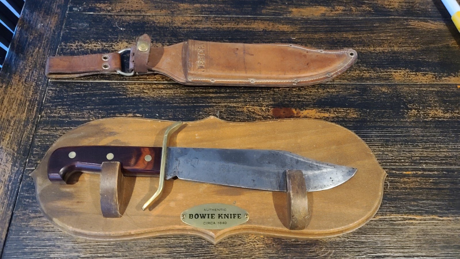 VINTAGE WESTERN W49 USA LARGE BOWIE KNIFE ON WOOD PLAQUE AND SHEATH eBay