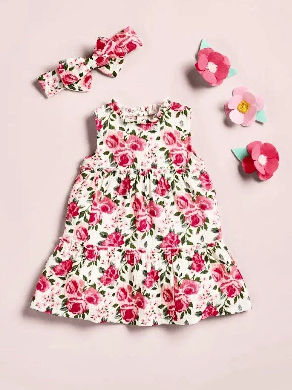 Mud Pie Little Girls Pink Rose Floral Dress With Matching Headband 5T