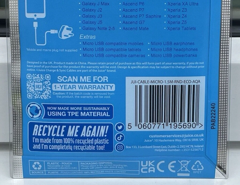 JUICE CHARGER CABLE LEAD 1.5M USB-A TO MICRO USB MOBILES TABLETS EARPHONES - Image 3 of 4