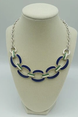 Unique Rare Vintage Enamel Link Necklace, Blue, White, Green, Silver Tone - Image 1 of 4