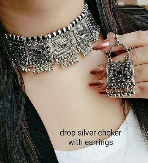 Oxidised Indian Choker Necklace Jewelry Set With Earrings