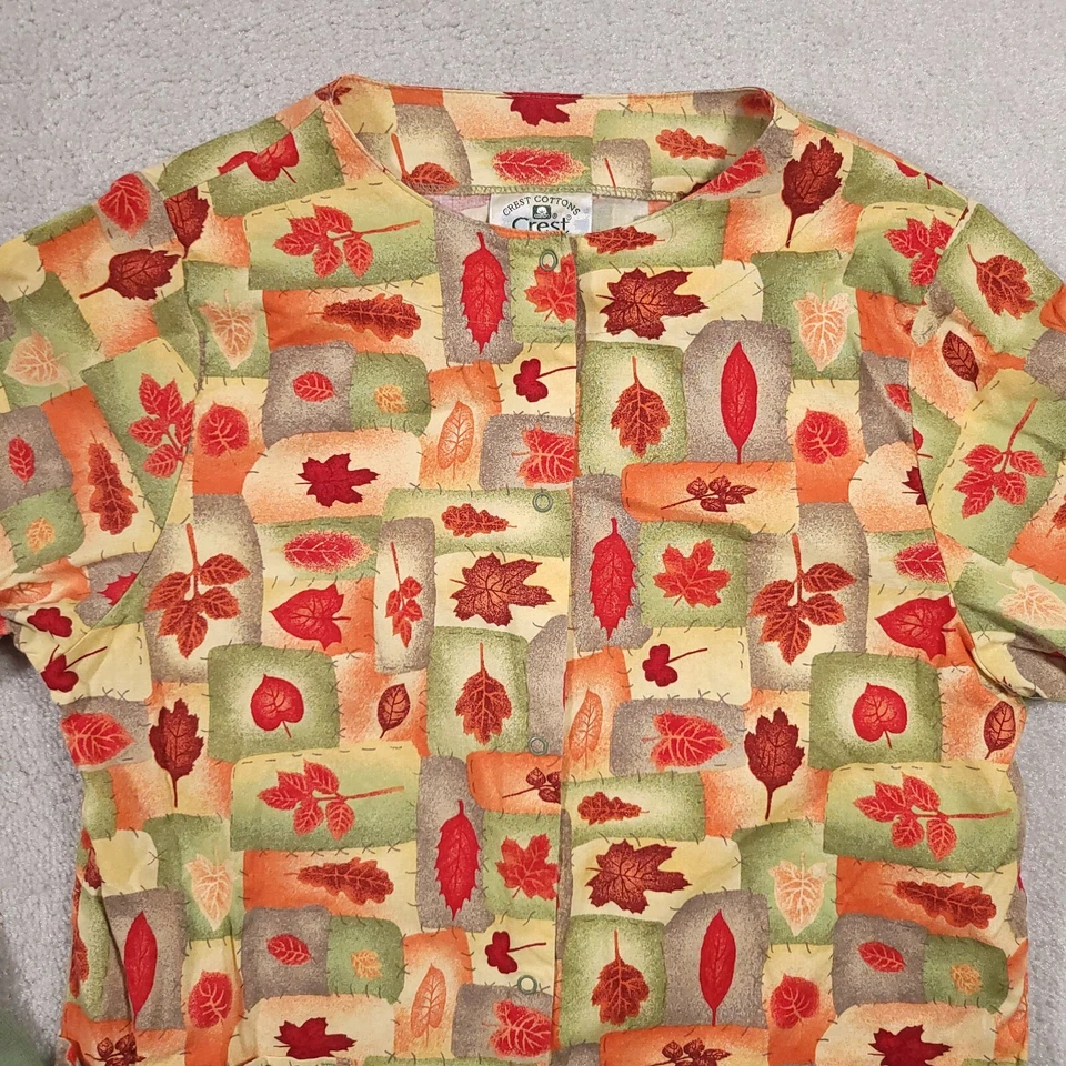 Vintage Crest Cottons Scrub Shirt Women's Small Multicolor Leaves Print L/S Snap - Image 3 of 4