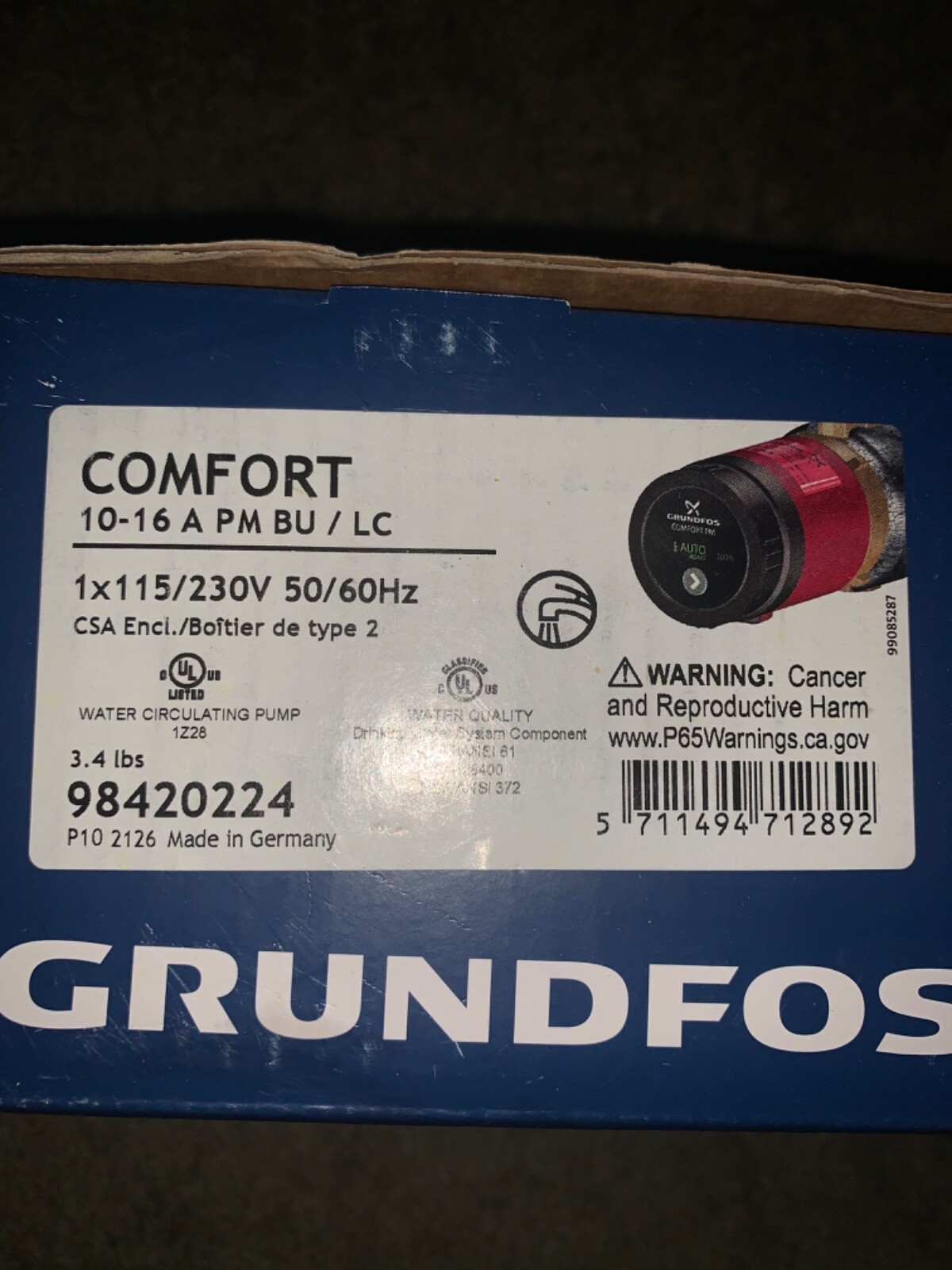 Grundfos Comfort PM Auto Adapt model 98420224 with 529912 3/4” NPT ...
