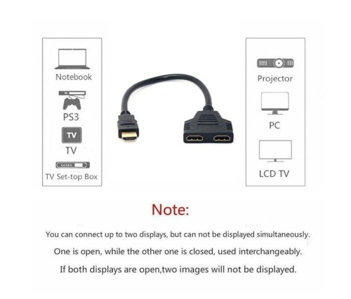 HDMI Male to 2 HDMI Female 1 in 2 Out Splitter Cable Adapter Converter Single - Picture 5 of 10