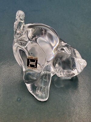 Vintage Glass Crystal Signed Hadeland Crouching Cat Kitten Feline