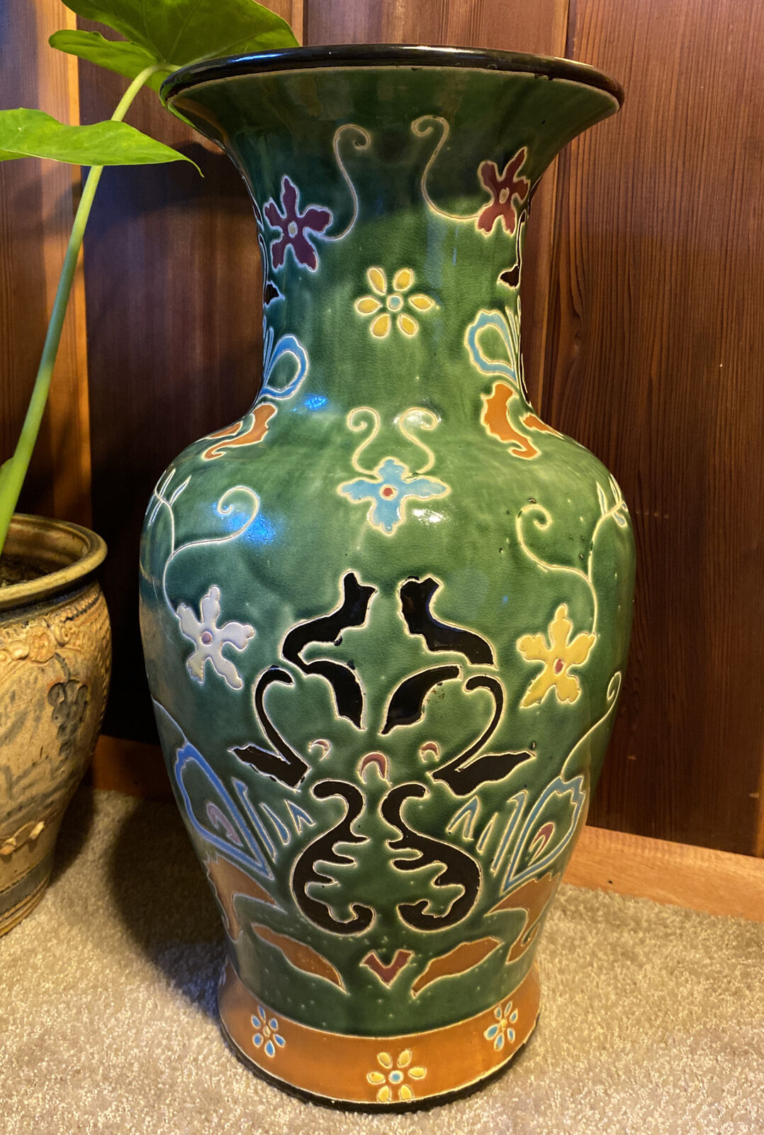 Vintage Large Asian Green & Orange Porcelain Floor Vase 20" Chinoiserie