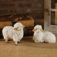 NEW Farmhouse Woolly SHEEP 2 pcs Figurines Two Poses Small Cottage Farm Animals 