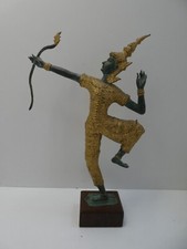 OLD BRONZE STATUE FIGURINE SIAM THAILAND DANCER HOLDING BOW  WOODEN BASE