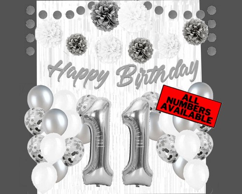 Silver & White 11th Birthday Decorations - 40" Number Balloons &More-Boy or Girl