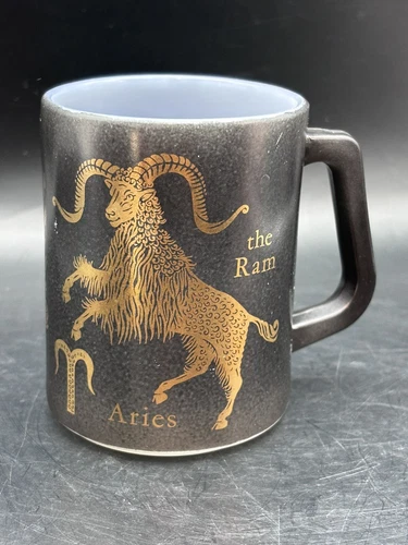 Vintage Milk Glass Coffee Mug Black and Gold Federal Heat Proof Zodiac ARIES