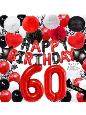 Pertlife Red 60TH Birthday Party Decorations Pack- 16inch Red And Black Happy  - Image 1 of 4