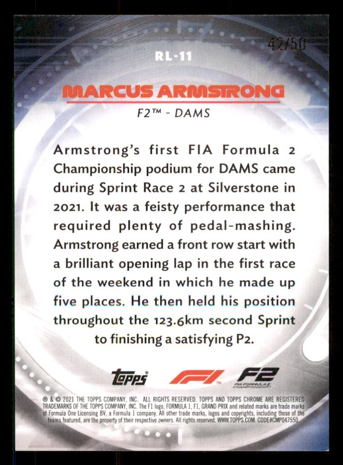 2021 Topps Chrome Formula 1 Gold Refractors #RL11 Marcus Armstrong /50 - Image 2 of 2