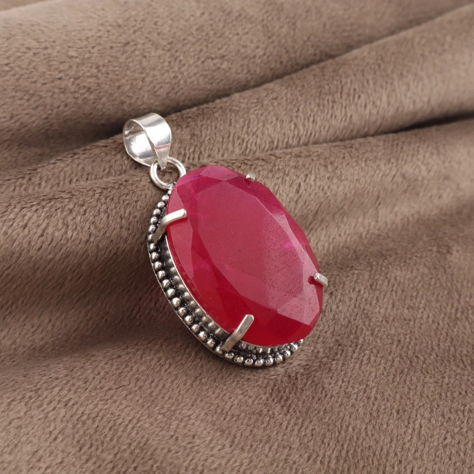 Kashmiri Ruby Gemstone Handmade Women Silver Pendant 1.75" - Image 4 of 4