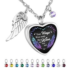 Heart Urn Necklace for Ashes Birthstones Cremation Jewelry for Silver Feather