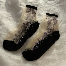 Women Sheer Nylon Floral Mesh Ankle Socks Ful...