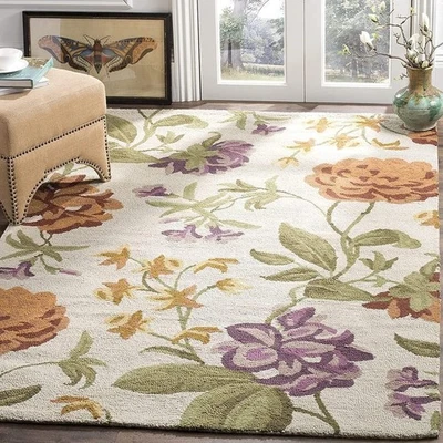 Tapis touffeté à la main motif floral 100 % laine hall salon cuisine bureau - Photo 1/4