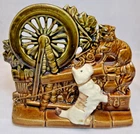 Vintage McCoy Spinning Wheel w/ Scottie Dog & Cat Ceramic Double Planter, String