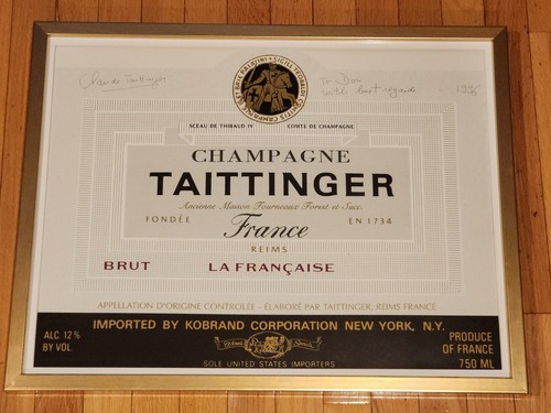 Claude Taittinger Signed & Dated 1996 Champagne Label Dedicated To "Don" Framed