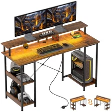 55" Gaming Desk with Power Outlets and LED Lights, Reversible Computer Desk w...