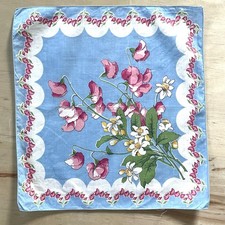 VTG Hankie Cotton Floral Colorful Sky Blue with Pink  White Flowers 12x12"