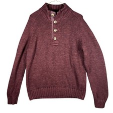 L.L. Bean Mock Neck Sweater Mens Large Burgundy Cotton Button Henley 285196 EX