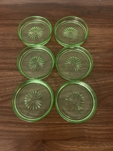 Vintage set of 6 Federal Green Uranium Sunburst Depression Glass Coasters
