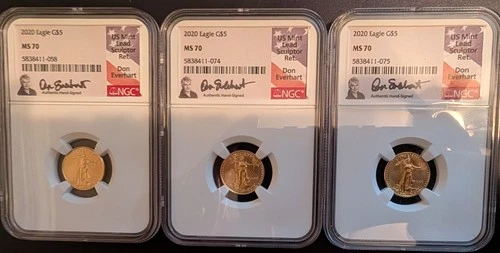 2020 G$5 1/10 oz Gold American Eagle - NGC MS 70 (Lot of 3) Don Everhart signed