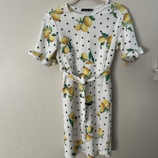 Boohoo Women's White W/ Lemon And Polka Dot Print Short Dress Sz 8