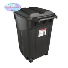  45 Gallon Wheeled Heavy Duty Plastic Garbage Can, Attached Lid, Black