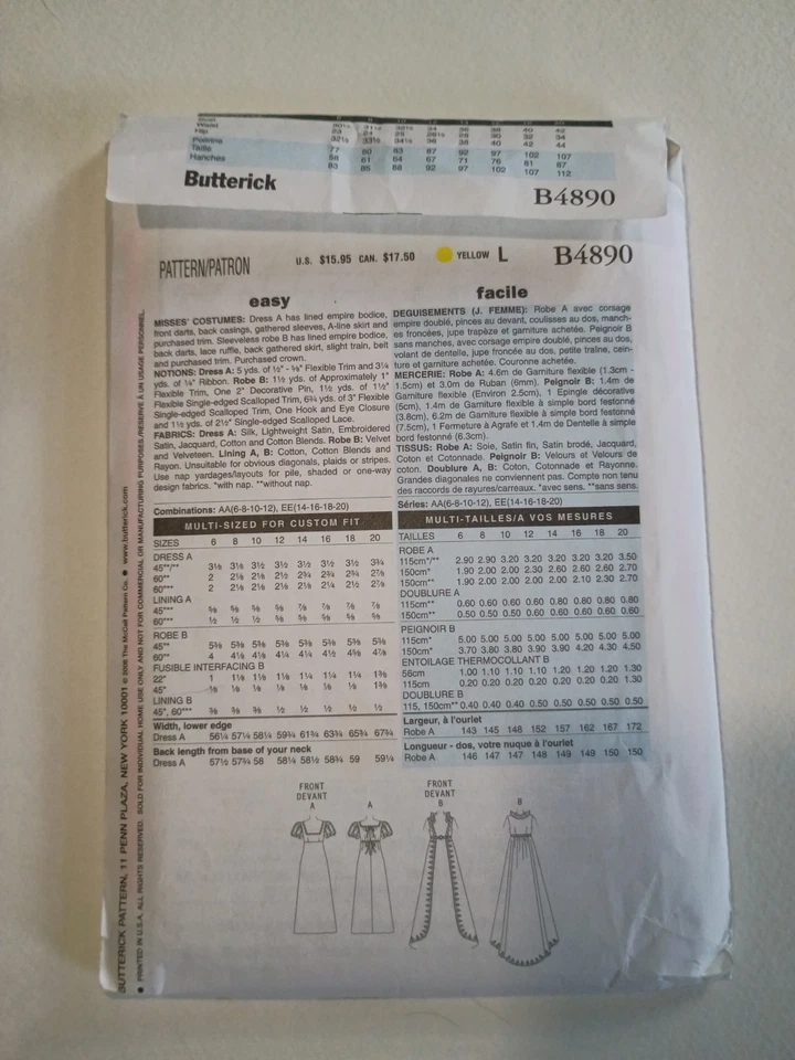 Butterick B4890 Costume Josephine Empire Waist Dress W/Robe Size 6-8-10-12 CUT - Image 2 of 4