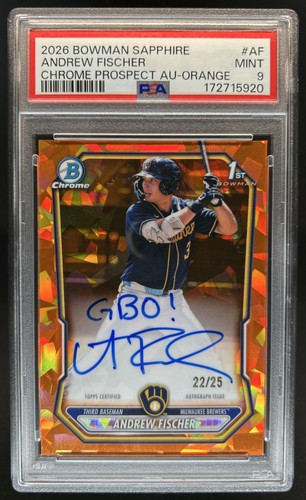 2026 Bowman Sapphire Andrew Fischer Chrome Auto Orange Refractor 1st #/25 PSA 9