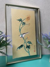 Vintage Gemälde Orientalische Kunst auf Material schöner Vogel auf Ast signiert