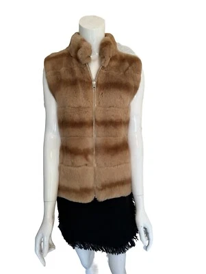 ADRIENNE LANDAU Cashmere Wool And Rabbit Fur Reversible Beige Camel Vest! Small - Image 1 of 4