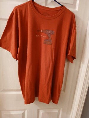 Life Is Good Men's Large Tee Shirt Mr. Fix It Drill Orange Red With Fade 