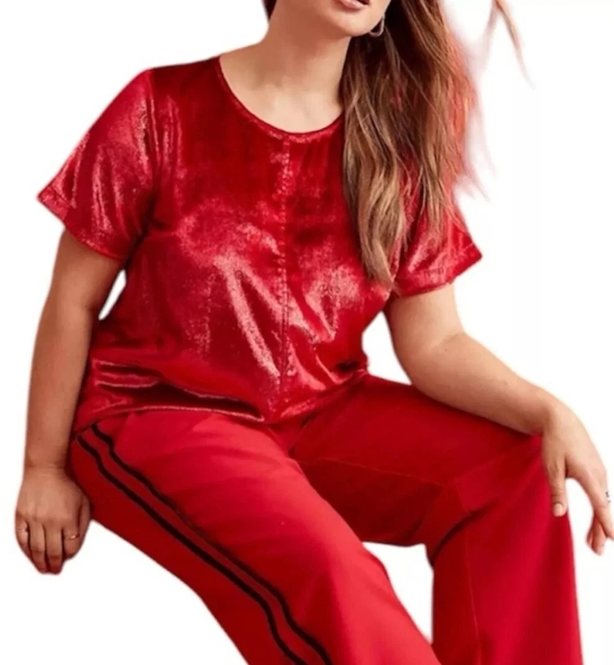 Top Lane Bryant para mujer rojo brillante vacaciones manga corta terciopelo suave talla grande 22 Foto 2 de 4