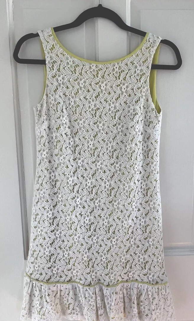 ann taylor green eyelet dress LOFT Ivory Lace Chartreuse Lined Slip Size 0 Flounce Hem festivalsale
