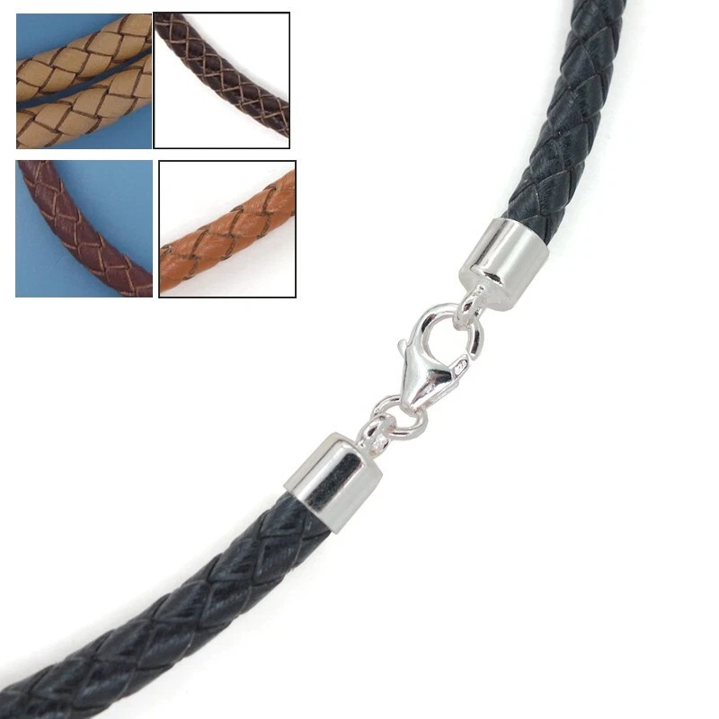 Collar/brazalete con cordón de cuero genuino trenzado redondo de 5 mm de plata de ley .925 Foto 2 de 3