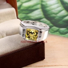 Natural Lemon Quartz Gemstone With 14K White Gold Plated Silver Men's Ring #1226
