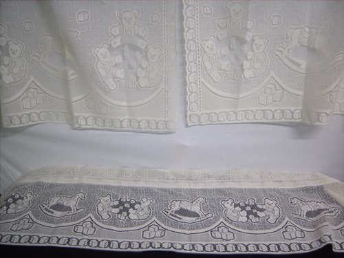 Valance & 2 Panel Teddy Bear & Rocking Horse Lace Children's Nursery Window Set - Picture 6 of 6