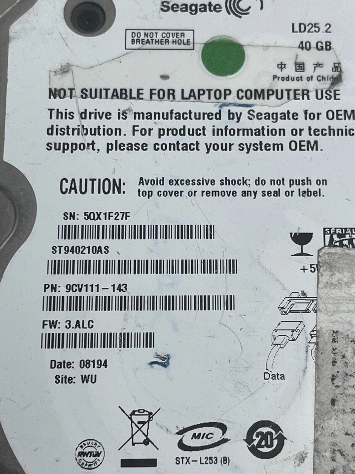 Seagate LD25.2 40GB HD. ST940210AS 9CV111-143 5400 RPM 2.5 SATA - Image 3 of 4