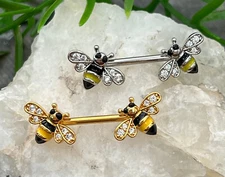 PAIR Bumblebee Nipple Rings CZ Gem Bee Shields Steel Barbells