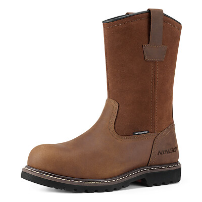 HISEA NINGO Men Steel/Soft Toe Wellington Work Boots Leather Western Cowboy Boot