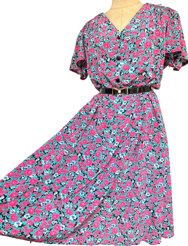 Vintage Kleid Blumenmuster rosa grün schwarz voller Rock Passform modern 12 14 - Bild 3 von 12