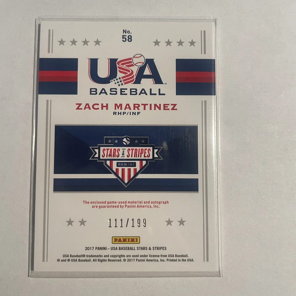 2017 Panini USA Baseball Stars & Stripes Jersey /199 Zach Martinez #58 Auto - Image 2 of 2